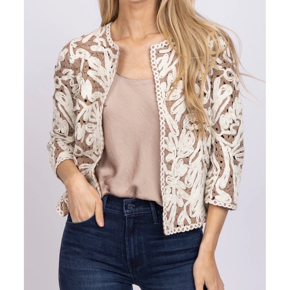 Nic zoe brown cream knit jacket cardigan nwt boho cottage dainty y2k bohemian xl